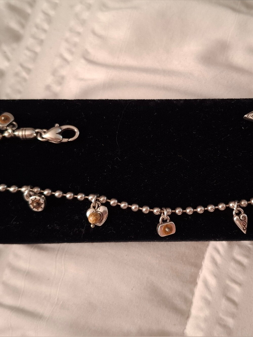 Sterling Silver Beaded Charm Anklet with Amber Accents - Silver and Brown